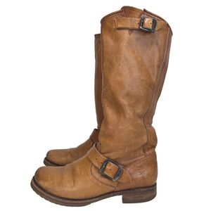 Frye Veronica Slouch Tall Leather Engineer Boots Cognac Tan Buckle Size 7.5